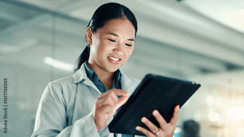 Poster scientist, woman and tablet with smile at lab for progress report, review and scroll for medical res