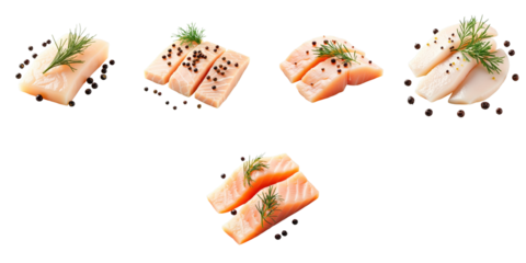 Fresh raw cod fillets arranged with peppercorns and dill isolated on transparent background for culinary and food presentation visuals