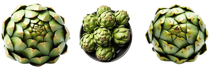 Fototapeta premium fresh green artichokes on a transparent background showcasing three different views highlighting texture and details of the vegetable in a close-up composition