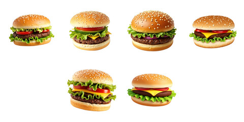 Various hamburgers arranged on a transparent background, showcasing different toppings including lettuce, tomatoes, cheese, and sauces, isolated on transparent background for versatile use.