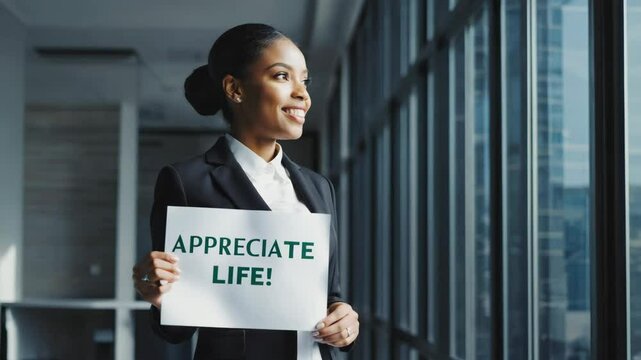 Woman promoting positivity and gratitude in a modern office setting