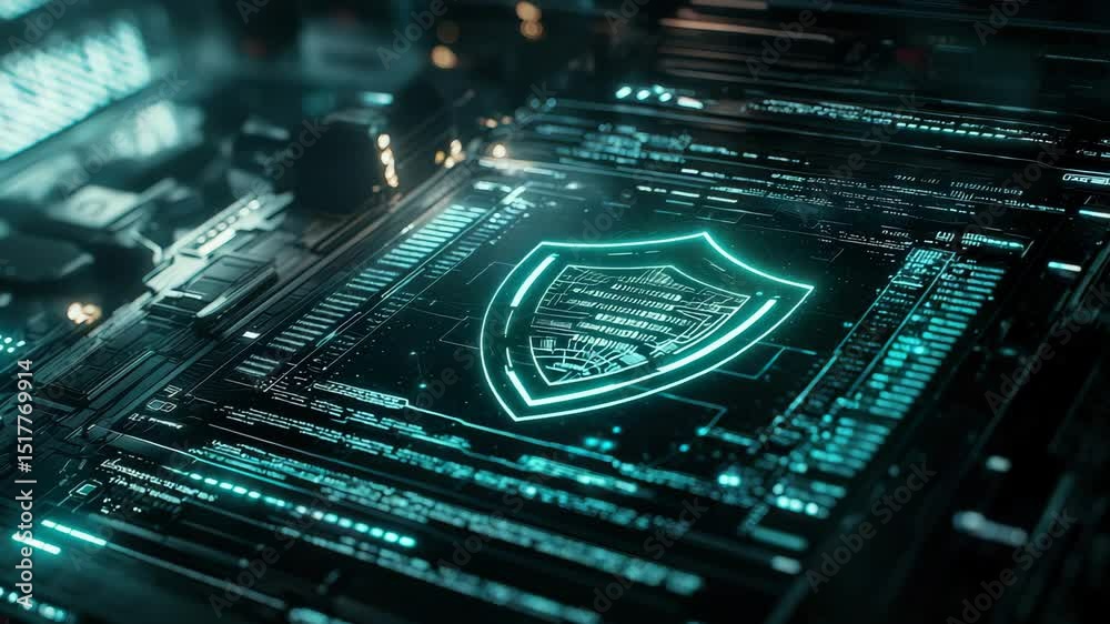 Aufkleber A glowing digital shield icon is displayed on a futuristic computer interface, symbolizing advanced cybersecurity technology.
