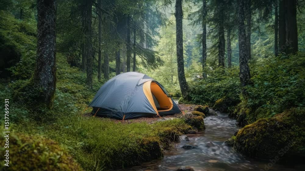 Poster a tent is set up beside a flowing stream in a lush green forest, surrounded by tall trees and dense 