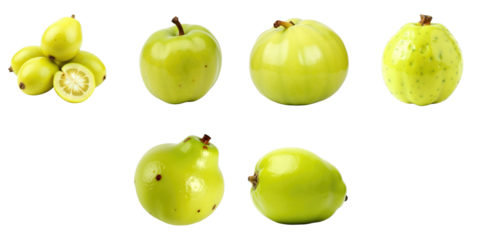 assorted fresh feijoa fruits displayed on transparent background including whole and sliced variants with varying shapes and textures