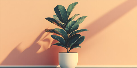Minimalist Elegance,  A Potted Plant Against a Soft Pastel Wall, A Green Leafy Plant in a White Pot
