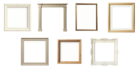 Various classic photo frames in different styles and colors, isolated on transparent background for versatile design applications.