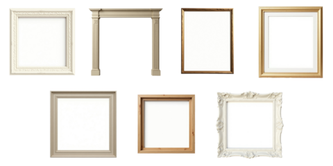 Various classic photo frames in different styles and colors, isolated on transparent background for versatile design applications.