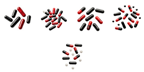 various transparent and red capsules arranged in different formations with scattered white tablets isolated on transparent background