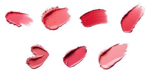 Assorted lipstick smudges in various shades and shapes on transparent background showcasing the texture and application of cosmetic products in beauty and fashion industry