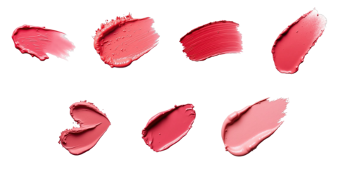 Assorted lipstick smudges in various shades and shapes on transparent background showcasing the texture and application of cosmetic products in beauty and fashion industry