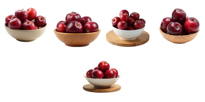 Variety of fresh plums displayed in different bowls on a wooden board isolated on a transparent background showcasing the vibrant colors and textures of the fruit
