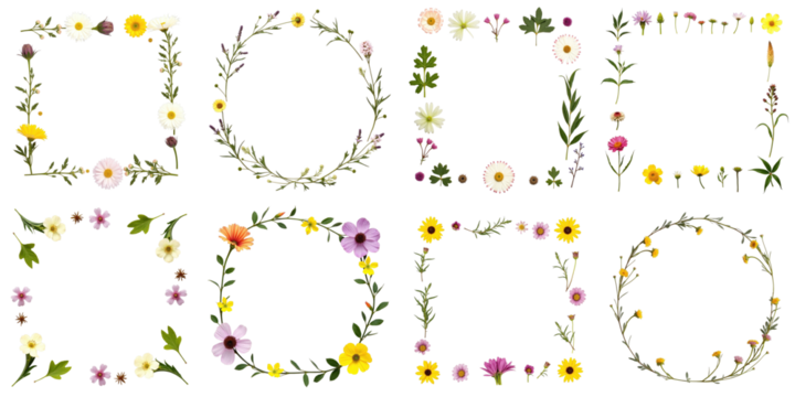 Frames composed of various wildflowers including mullein, chicory, and malva arranged in multiple styles on a transparent background with space for text, flat lay top view design. - Powered by Adobe