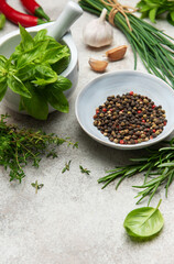 Fresh herbs and spices creating culinary masterpiece on table