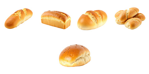 Assorted fresh bread varieties including rolls and loaves isolated on a transparent background displaying texture and color details of each type.