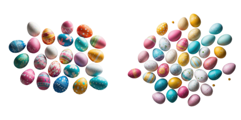 Variety of decorative colored Easter eggs arranged on a transparent background featuring multiple patterns and colors with some eggs showing intricate designs and textures