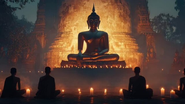 Monks meditate before a large illuminated Buddha statue surrounded by candles, set in an ancient temple at dusk.