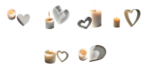 various white candles and heart shapes isolated on transparent background including lit and unlit candles in different sizes and styles