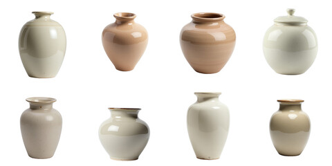 collection of eight ceramic jars in various shapes and colors isolated on a transparent background showcasing a range of textures and finishes