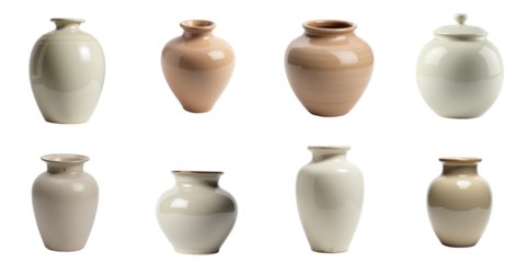 collection of eight ceramic jars in various shapes and colors isolated on a transparent background showcasing a range of textures and finishes