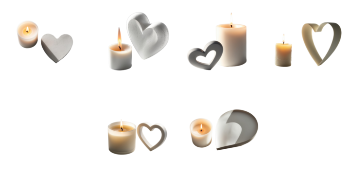 various white candles and heart shapes isolated on transparent background including lit and unlit candles in different sizes and styles - Powered by Adobe