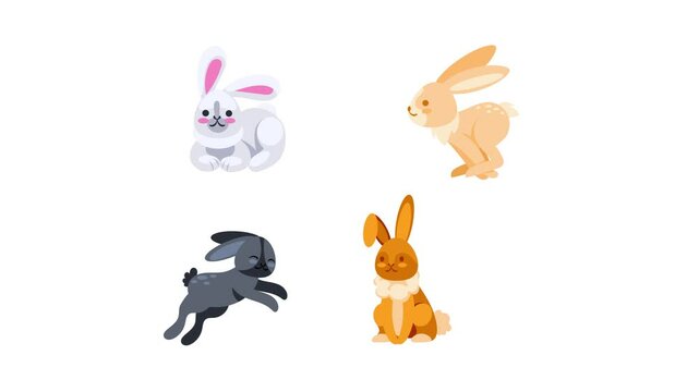 Animated rabbits running and resting sprite sheet animation, with green screen