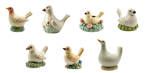 ceramic bird figurines in various poses and colors with floral bases isolated on transparent background for decorative use