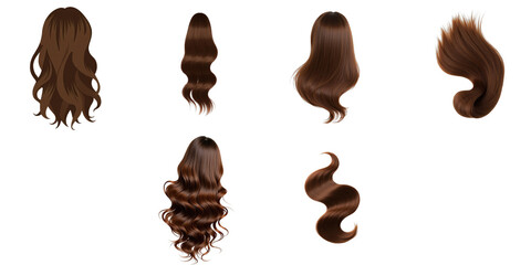 Brown hair in various styles and shapes arranged on a transparent background featuring wavy, straight, and voluminous designs for creative use and graphic applications