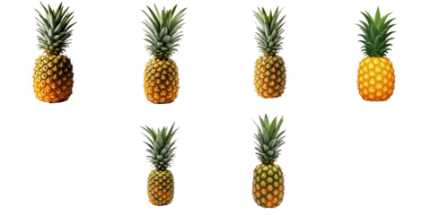 Pineapples of various sizes displayed on a transparent background with transparent sections highlighting their distinct textures and colors, isolated and ready for use in design projects.