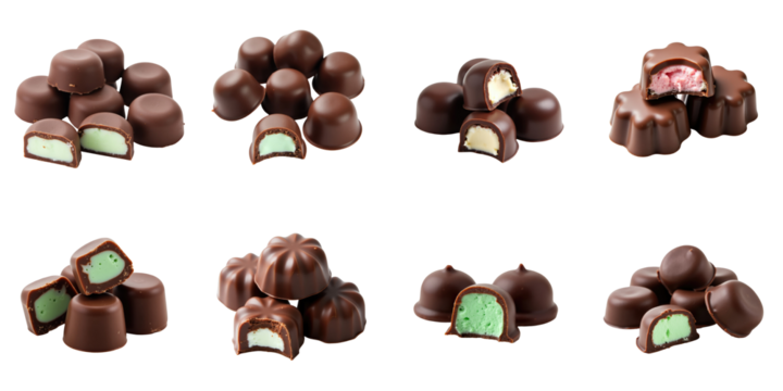Assorted Freeze Dried Chocolate Covered Cream Filled Mint Candy Pieces Isolated on Transparent Background with Varied Fillings and Chocolate Coatings