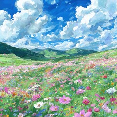 Fototapeta premium Picturesque Landscape Painting of Rolling Hills, Lush Greenery, and Vibrant Wildflowers under Soft Blue Sky with Fluffy White Clouds, Featuring an Anime-Style Face as the Focus