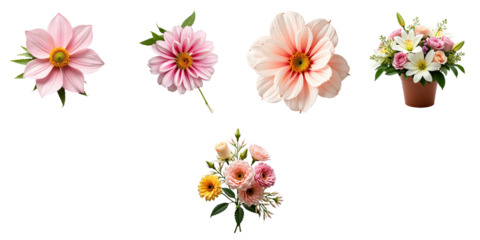 Collection of isolated floral arrangements including pink and peach flowers with varying shapes and a potted floral display on a transparent background.