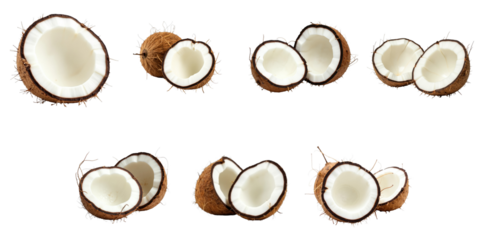 Coconut fruits displayed whole and cut in half on a transparent background showcasing the inner white flesh and outer brown shell textures arranged in various positions.