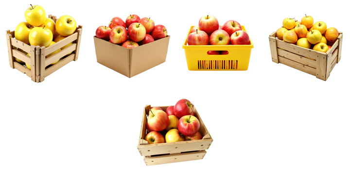 Variety of wooden crates filled with red and yellow Jonagold apples isolated on a transparent background for clear visibility and versatile use