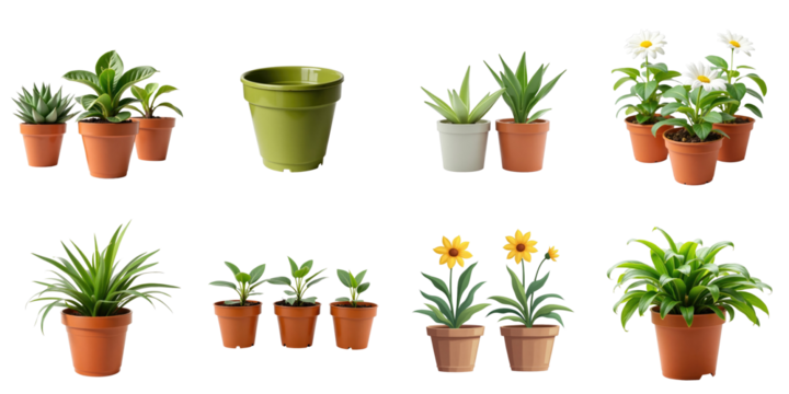Various flower pots with plants isolated on transparent background including green, white, and terracotta pots containing different types of flowers and foliage arrangements