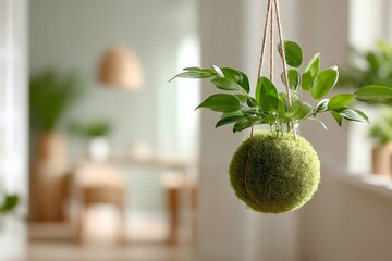 Modern interior with hanging kokedama plant in bright living space
