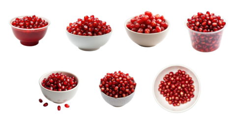 Assorted bowls and containers filled with fresh pomegranate seeds isolated on transparent background displaying various shapes and sizes of serving dishes
