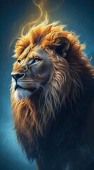 Naklejka premium A majestic lion with a golden mane looks into the distance against a dark blue gradient background. The mystical aura and symbols on the fur give the image spiritual power.