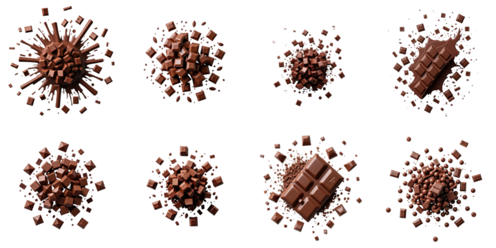 Various chocolate pieces in a dynamic explosion isolated on a transparent background. Different shapes of chocolates including bars, squares, and irregular fragments, viewed from the top.