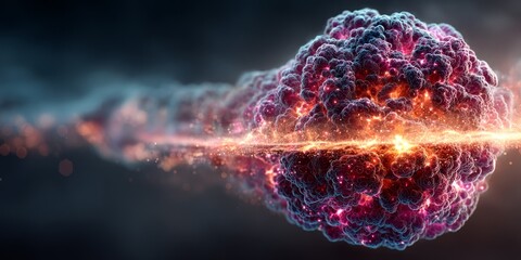 Exploding molecular structure with glowing energy core and dynamic particles in a dark space background 