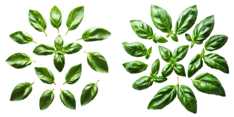 Fresh green basil leaves isolated on transparent background arranged in various positions demonstrating texture and details of foliage in multiple orientations.