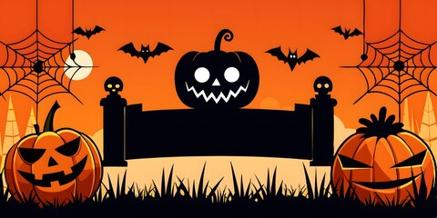 Spooky Halloween Night Scene with Pumpkins Bats and Spiderwebs Against an Orange Sky and a Black Signboard with Skull Posts