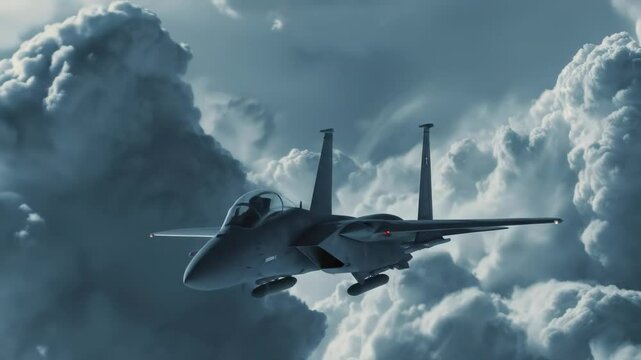 A stealth military jet cutting through dense clouds during high-speed flight, emphasizing power, secrecy, and advanced aerospace engineering.