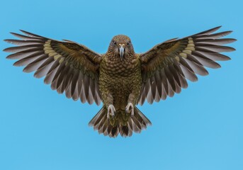 Fototapeta premium Majestic kea soars gracefully against a pristine blue sky, wings extended