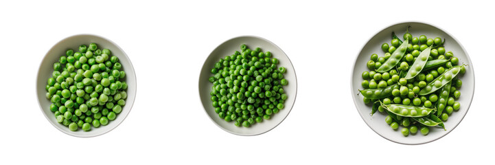 Plakat Assorted bowls of fresh green peas and pea pods arranged on a transparent background showcasing various sizes and textures of peas in natural light