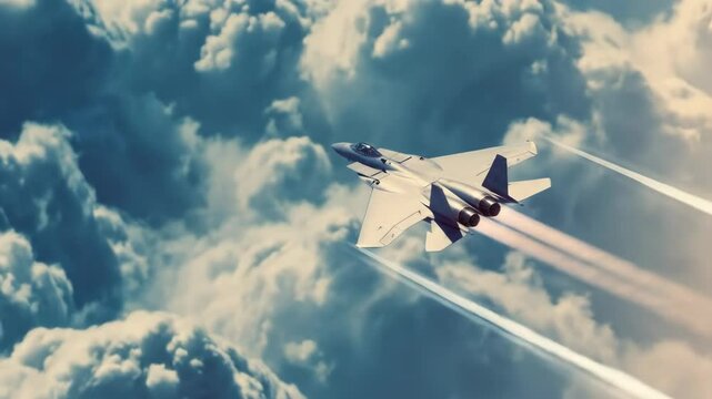A futuristic fighter jet ascending into the sky, surrounded by dramatic clouds, illustrating power, innovation, and dominance in aerial warfare.