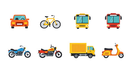 Colorful Transportation Icons Cars, Bikes, Buses, Trucks & More