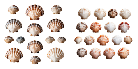 Collection of various scallop seashells isolated on transparent background arranged in different sizes and colors displayed from a high angle view showcasing intricate patterns and textures