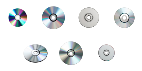 Various compact discs displayed in a grid on a transparent background, showcasing different orientations and reflective surfaces, including empty and full discs, isolated for clear visibility.