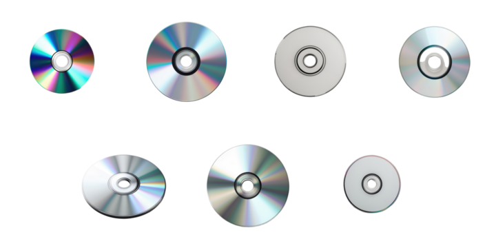 Various compact discs displayed in a grid on a transparent background, showcasing different orientations and reflective surfaces, including empty and full discs, isolated for clear visibility.