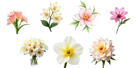 Variety of floral arrangements including pink orchids, cream lilies, pink blossoms, yellow magnolia, white flowers in vase, and peach roses isolated on transparent background